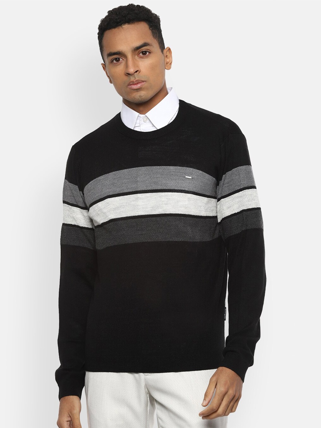 

Van Heusen Men Black & White Pure Cotton Striped Pullover