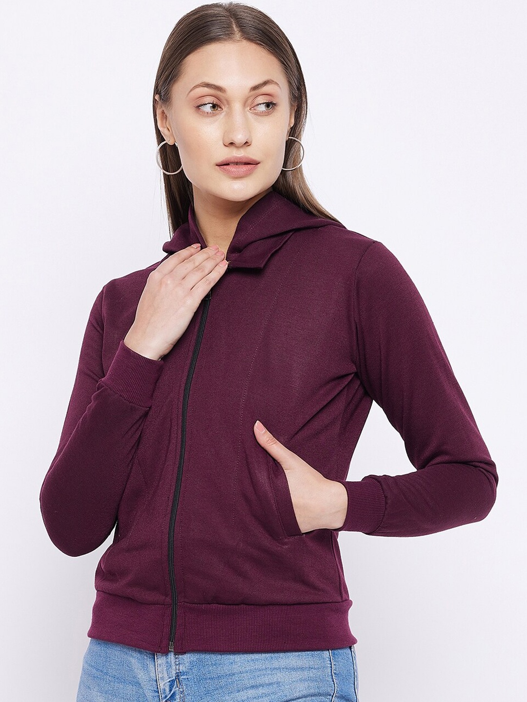 

PURYS Women Brown Zipper Hooded Tailored Jacket