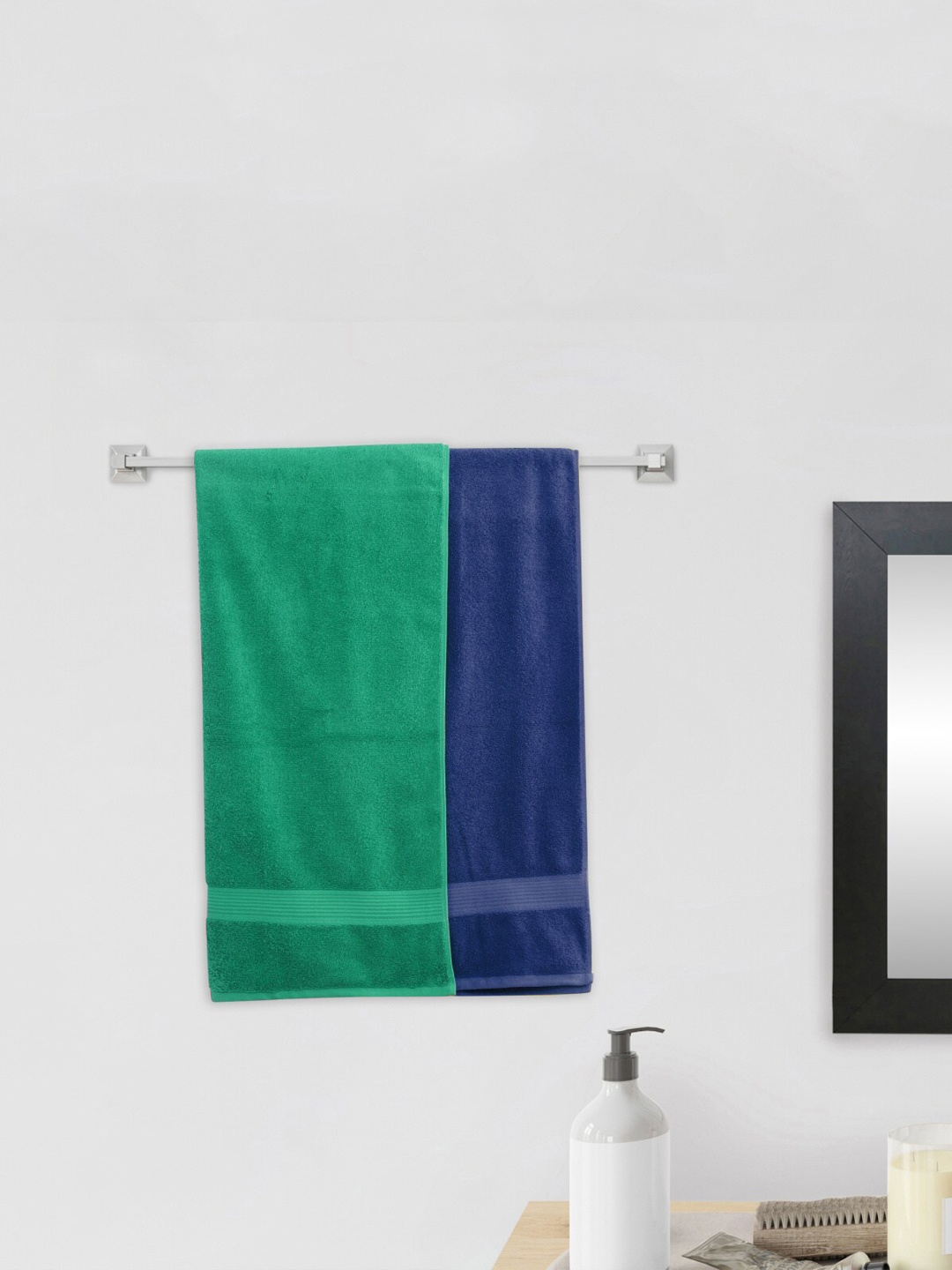 

Home Centre Set Of 2 Navy & Green Cotton 150 GSM Bath Towels, Navy blue