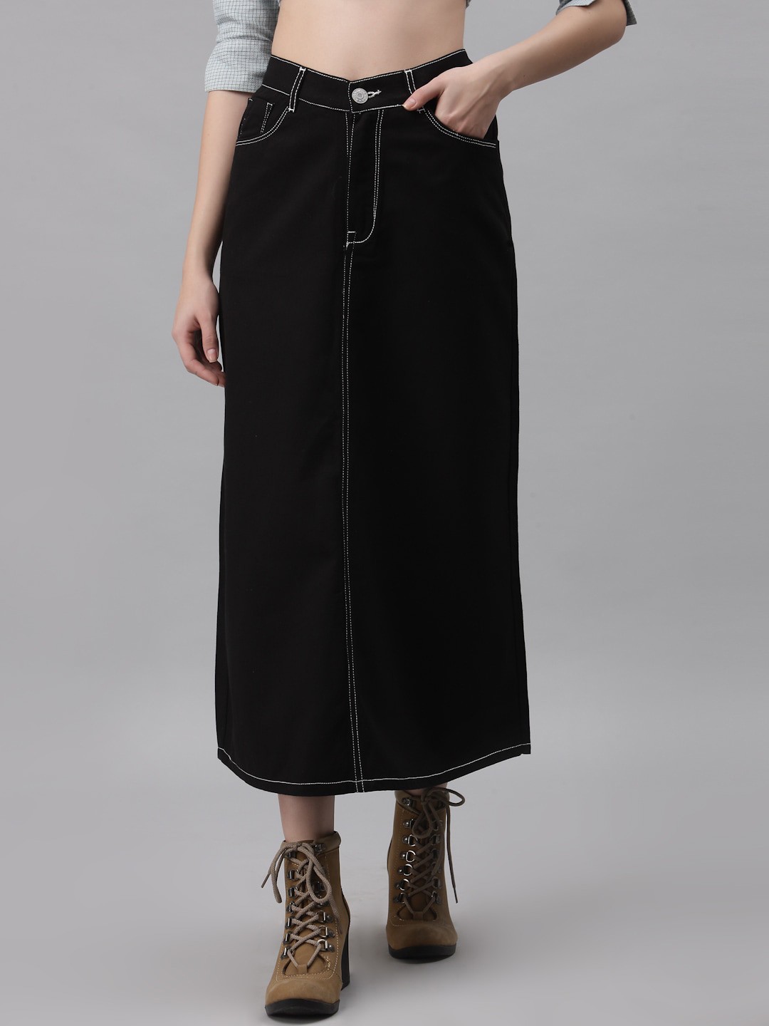 

River Of Design Jeans Women Black Solid Pure Cotton Denim A-Line Maxi Skirt