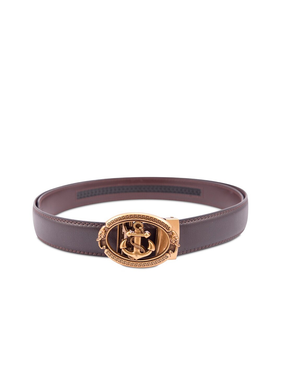 

BANGE Men Brown Leather Anchor Design Bronze Buckle Formal Belt