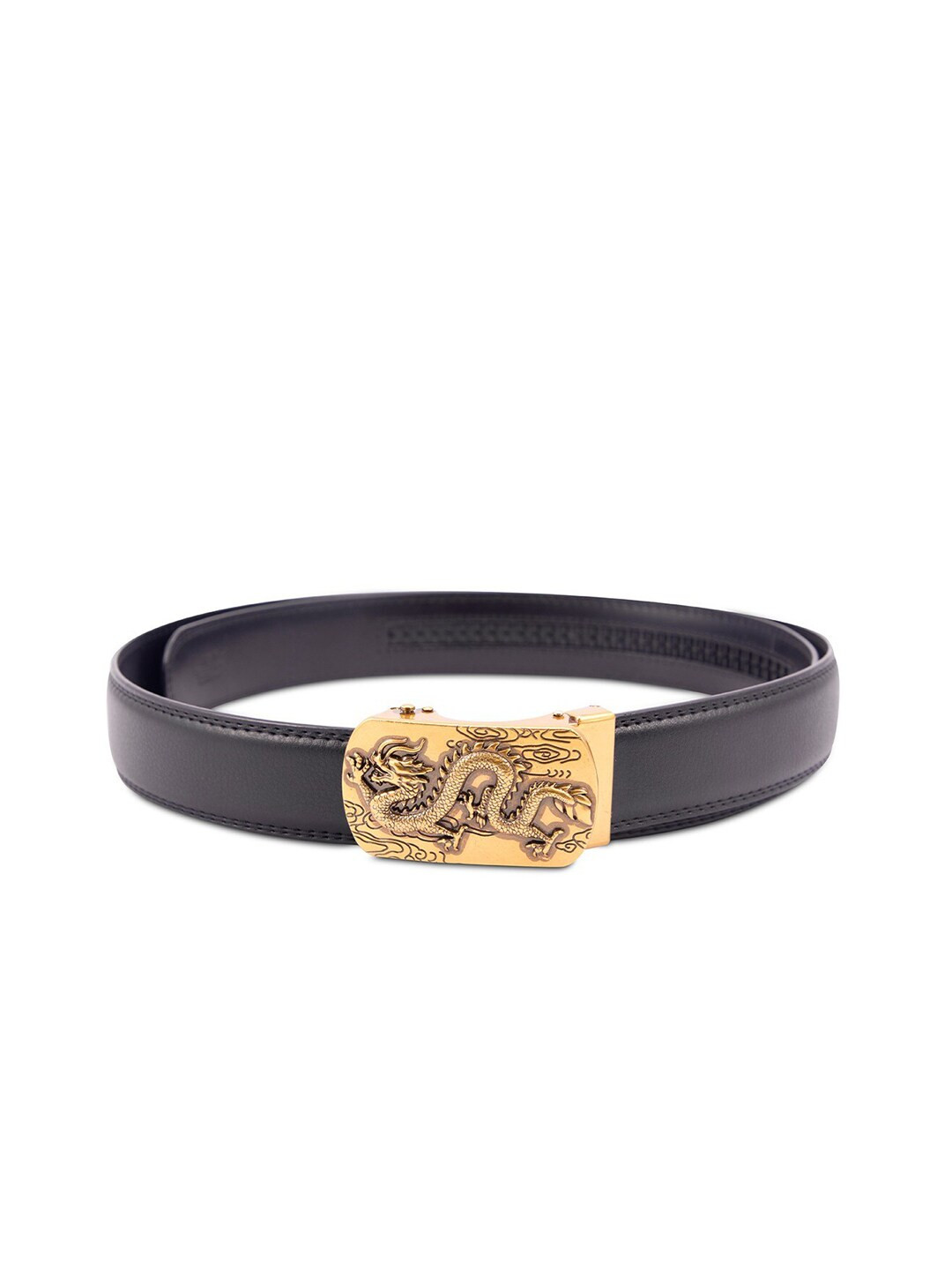

BANGE Men Black & Bronze-Toned Textured Genuine Leather Flying Dragon Buckle Formal Belt