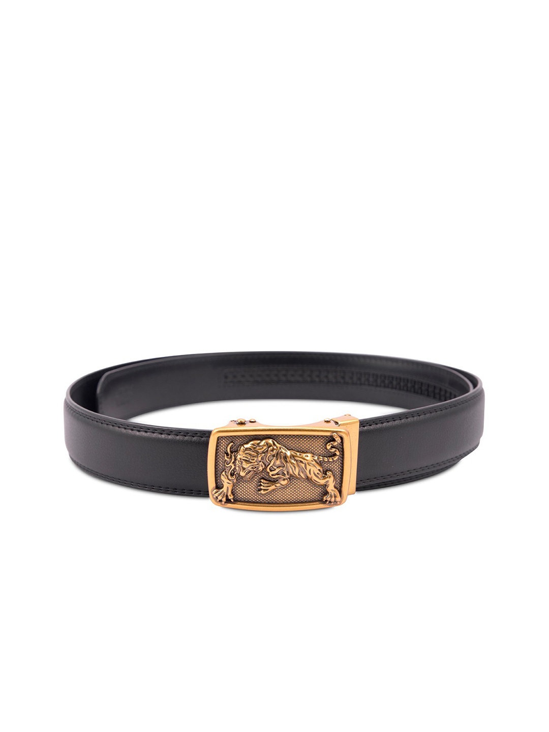 

BANGE Men Black Textured Leather Belt With Tiger Design Buckle