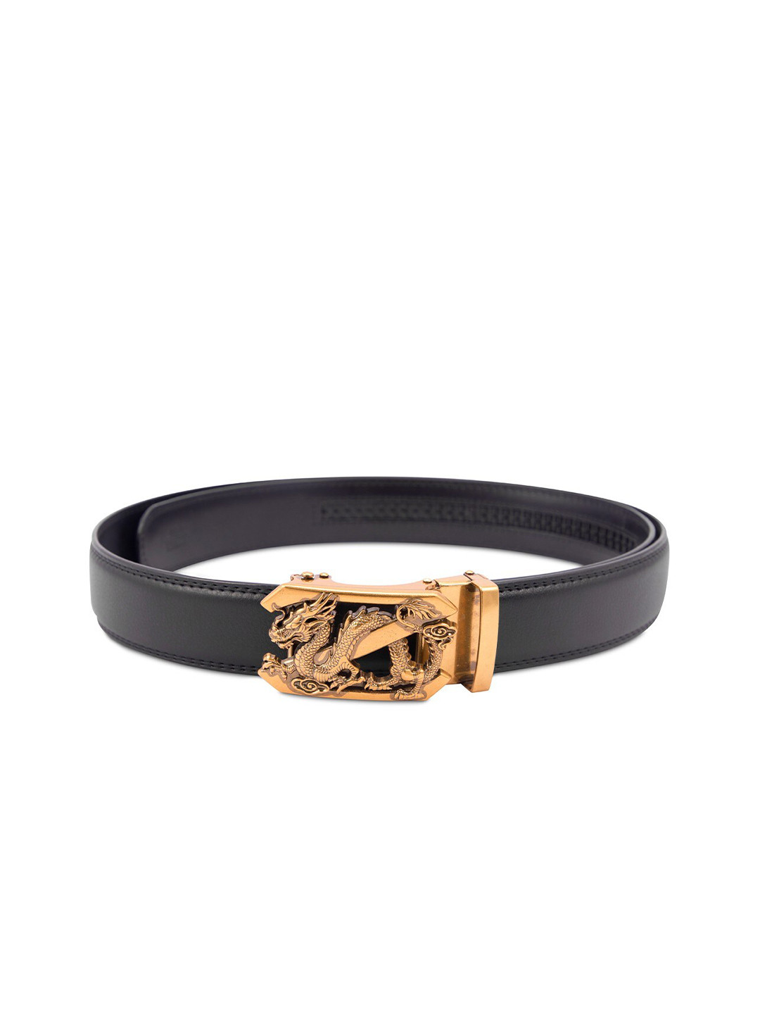 

BANGE Men Black & Bronze-Toned Textured Genuine Leather Dragon Buckle Formal Belt