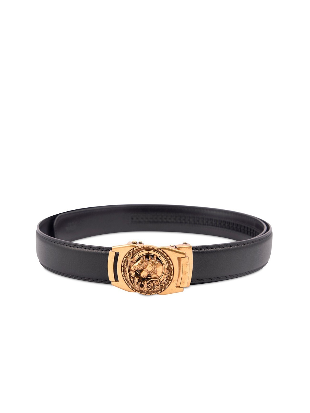 

BANGE Men Black Textured Leather Belt with Horse Design Bronze Buckle