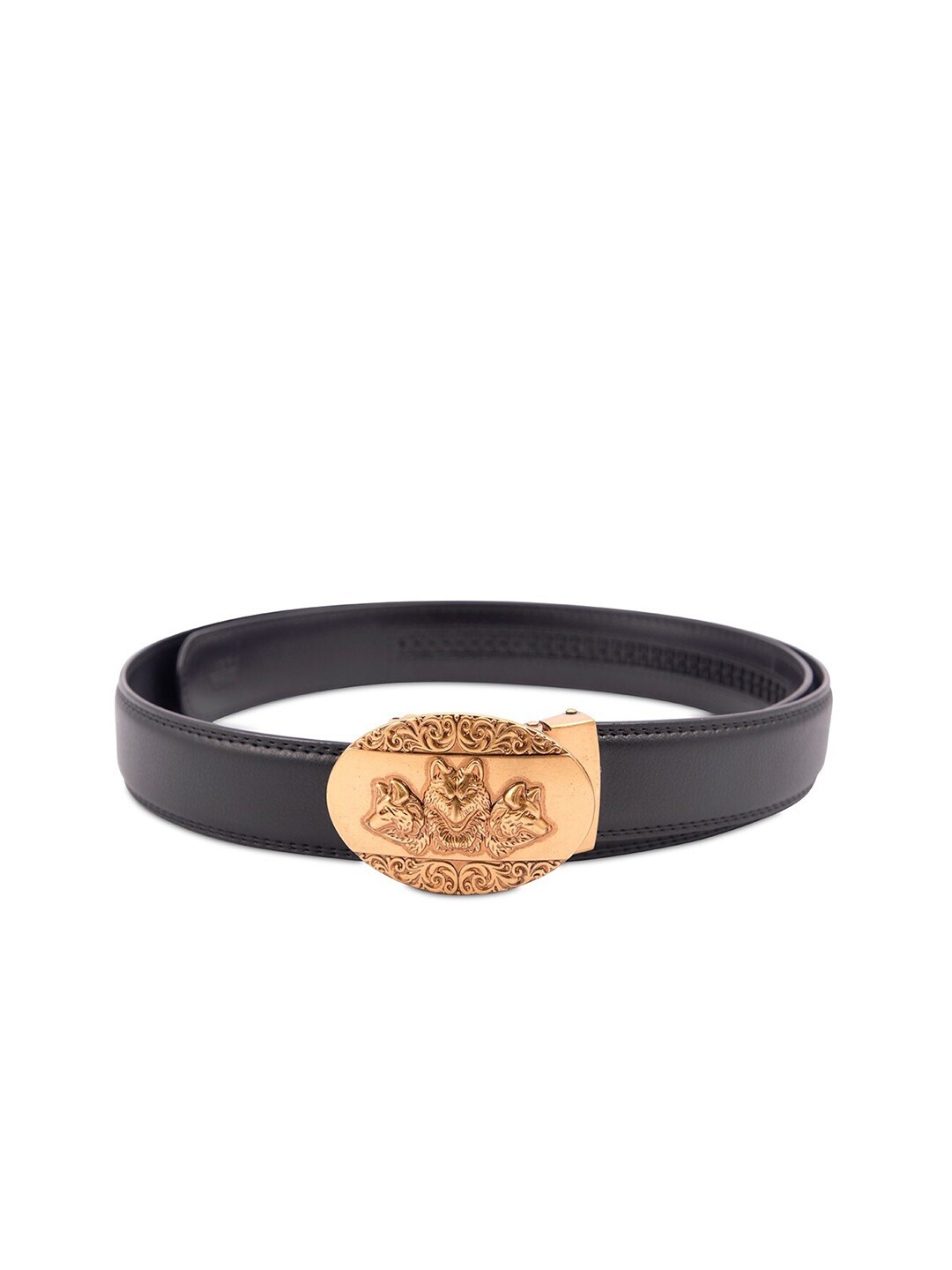 

BANGE Men Black Textured Leather Wolf Design Belt