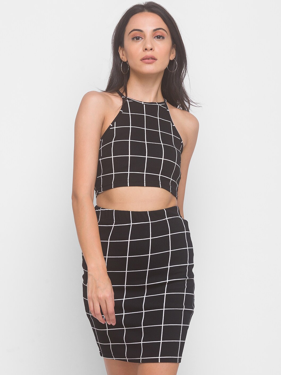 

LYKKEIN Black Geometric Printed Crop Halter Top & Wrap Skirt Set