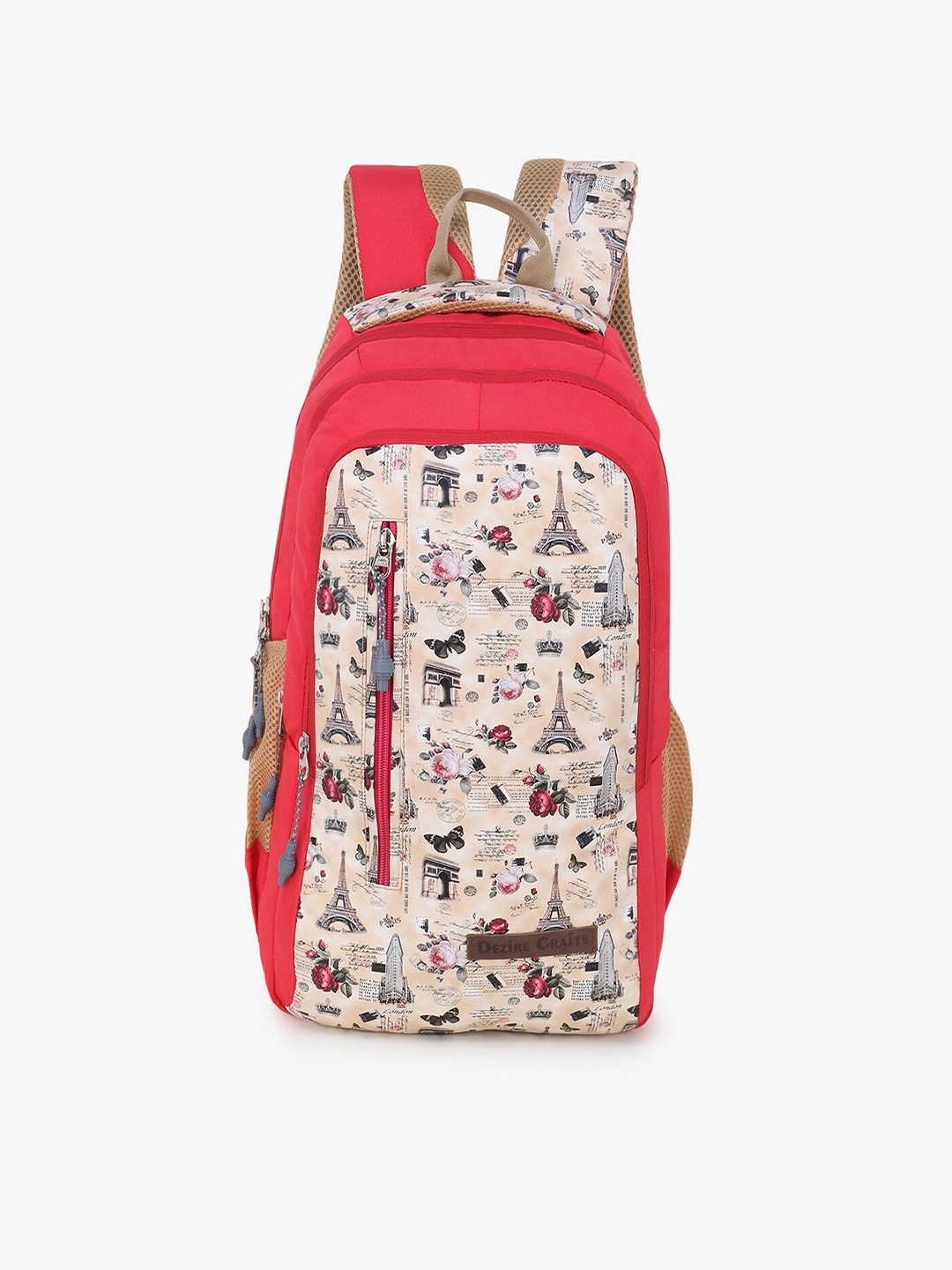 

Dezire Crafts Girls Red & Beige Brand Logo Embellished Backpack
