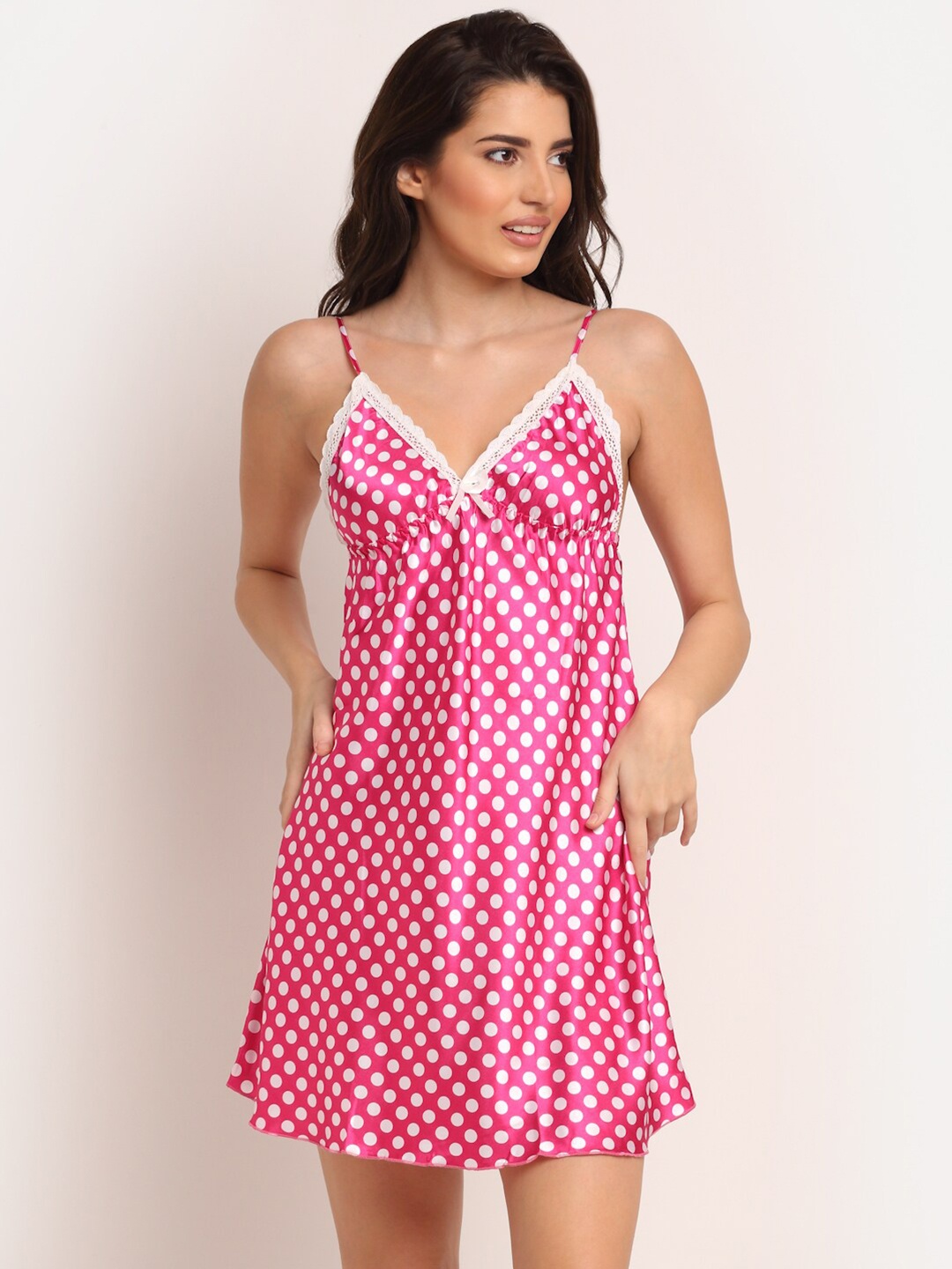 

Laceandme Pink & White Satin Printed Baby Doll