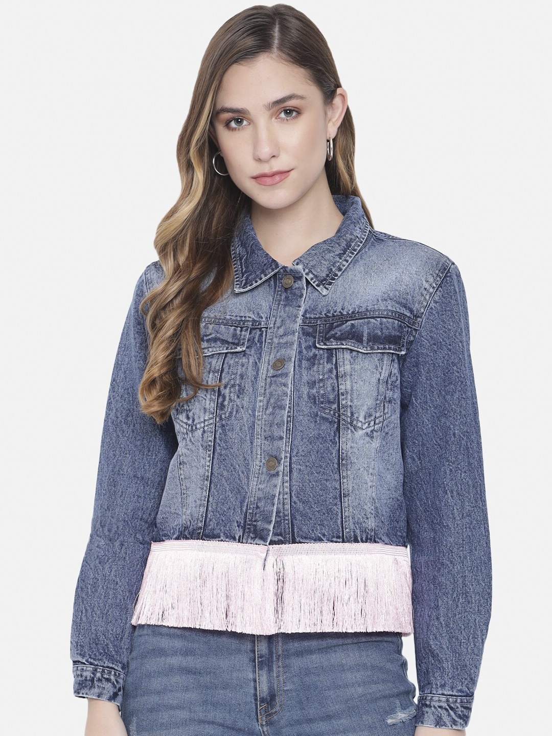 

Orchid Blues Women Blue Washed Crop Denim Jacket with Fringe
