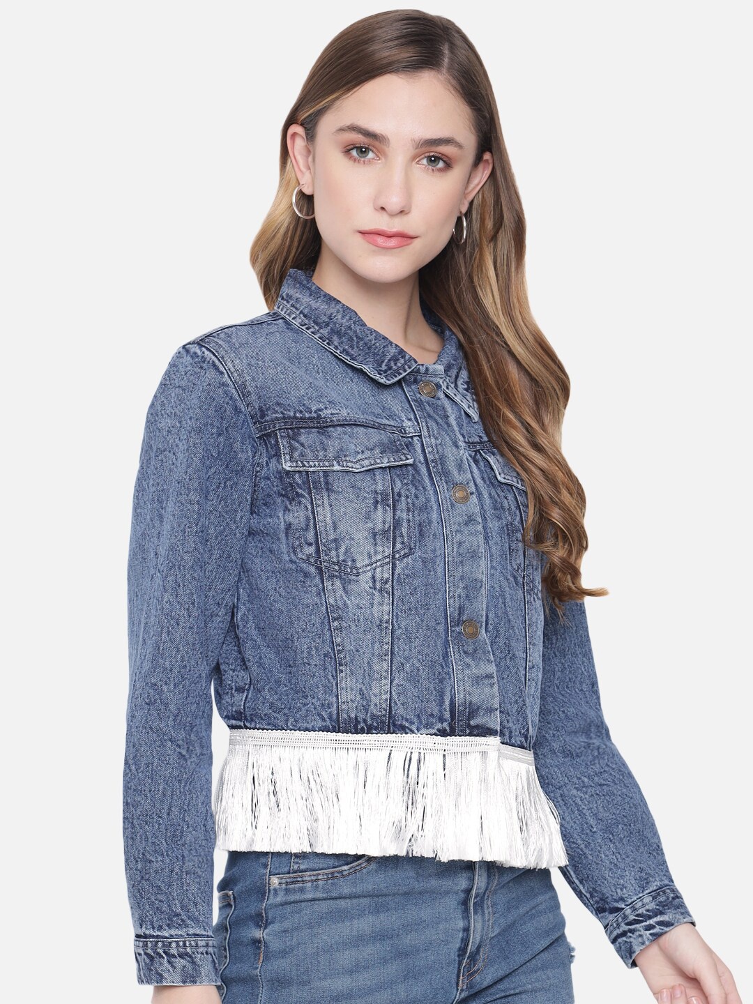 

Orchid Blues Women Blue Washed Denim Fringe Lace Jacket