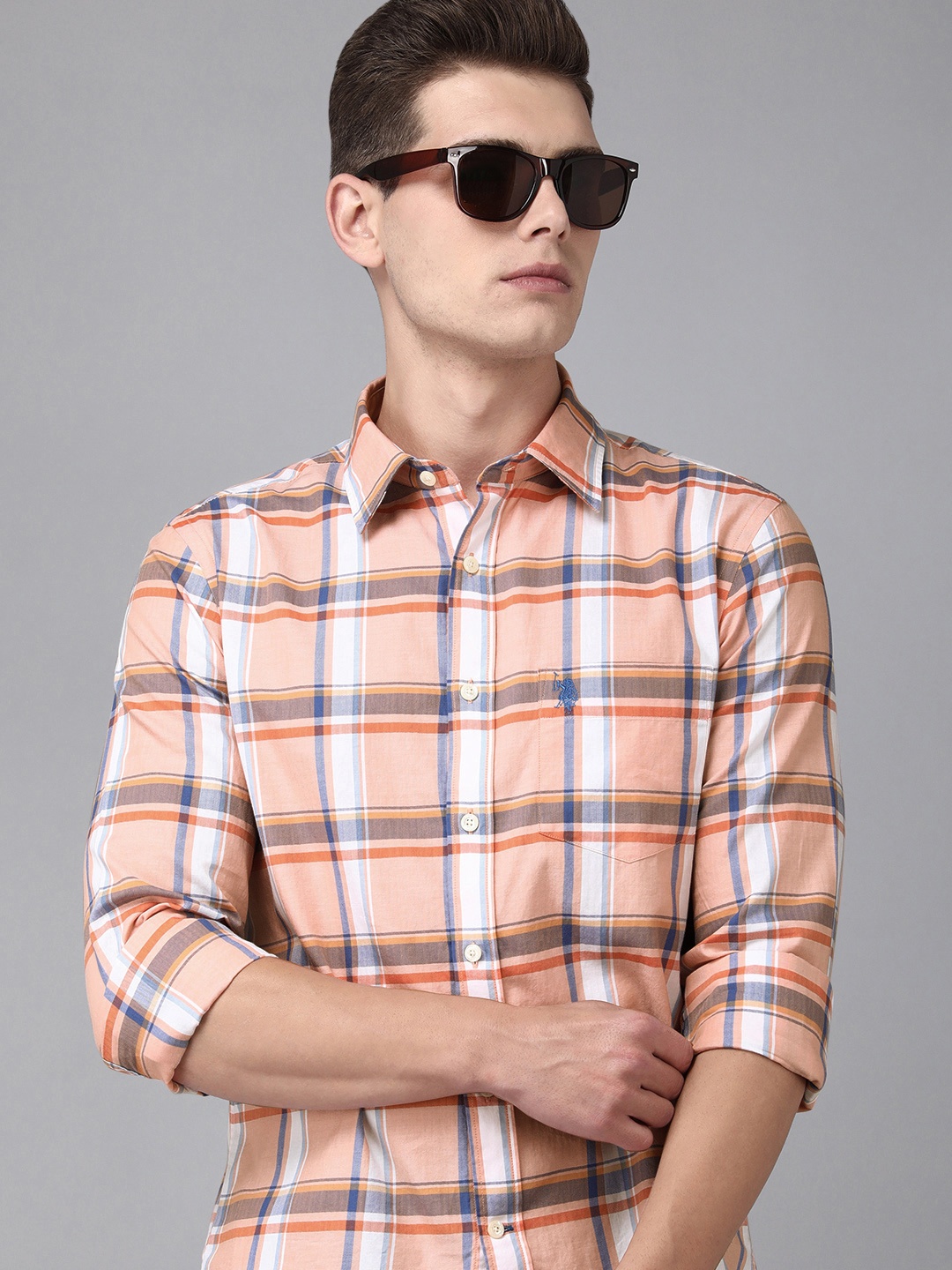 

U S Polo Assn Men Orange Tartan Checks Casual Shirt