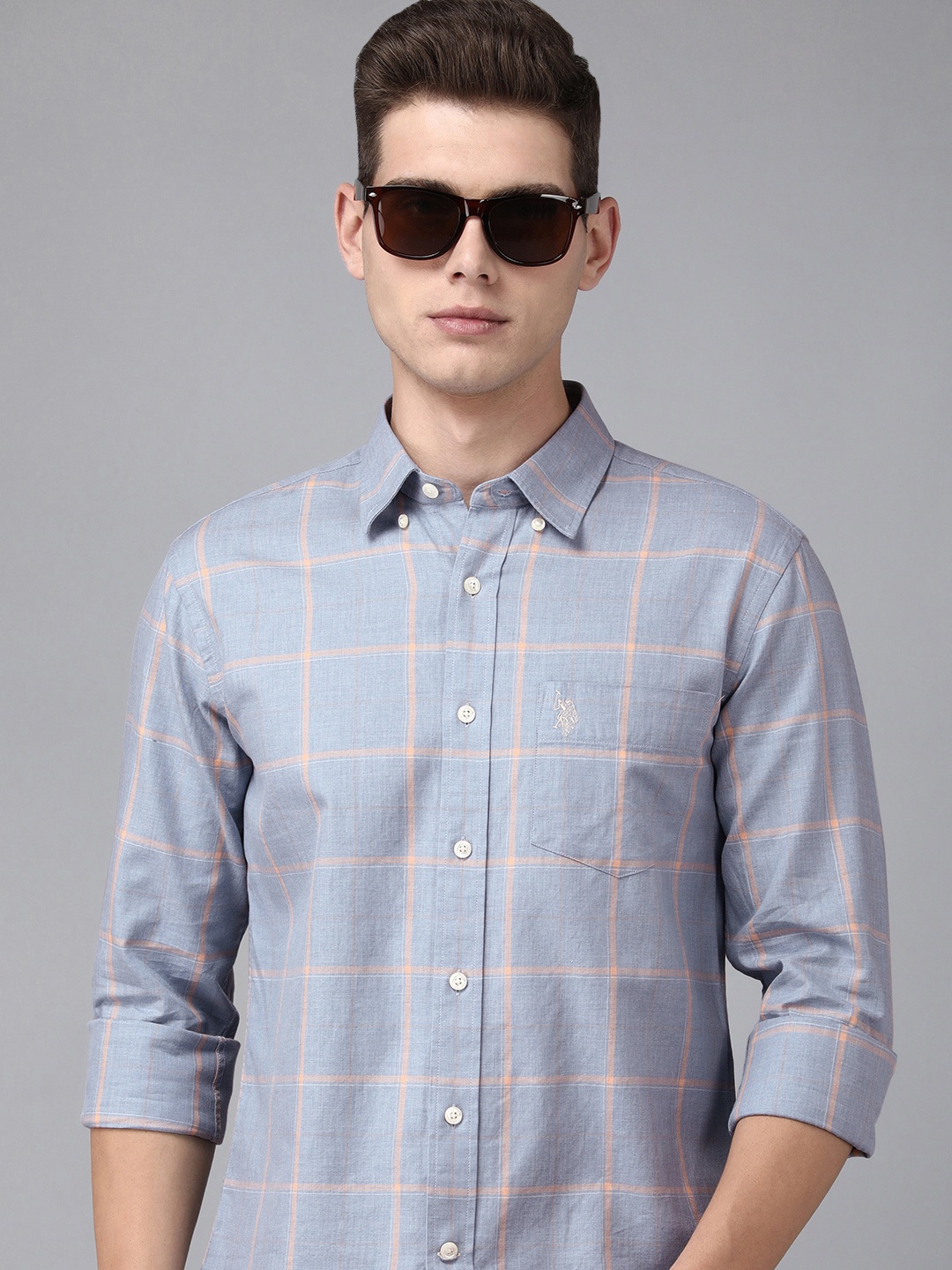 

U S Polo Assn Men Blue Windowpane Checks Casual Shirt