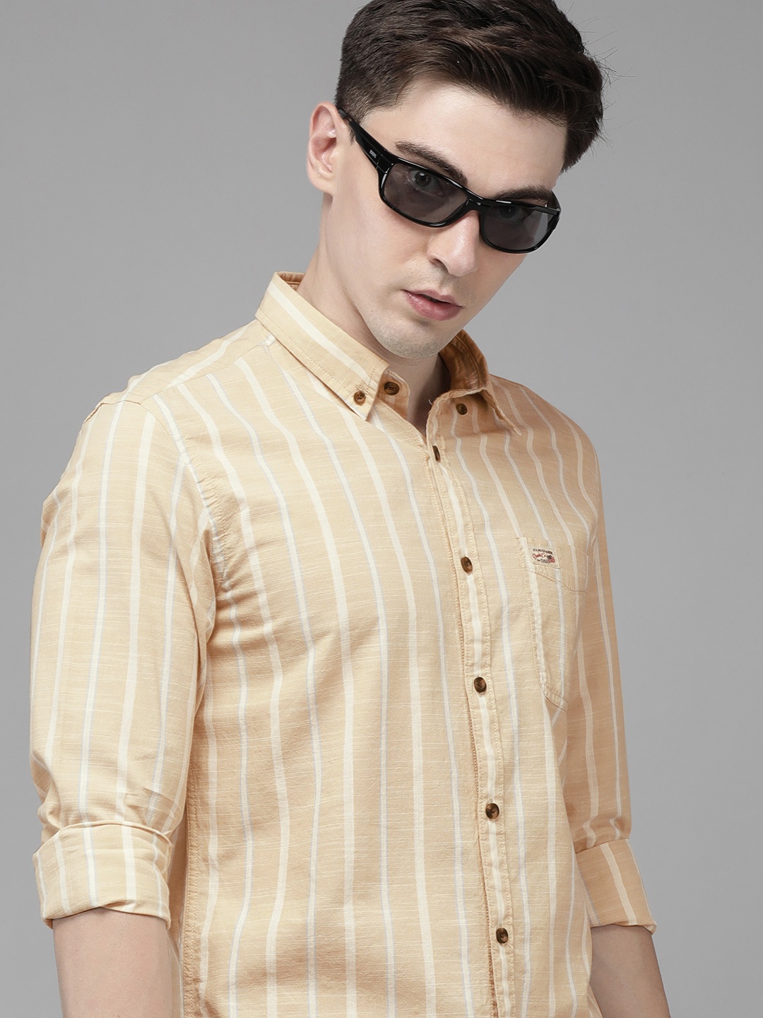 

U S Polo Assn Denim Co Men Beige And White Striped Pure Cotton Casual Shirt