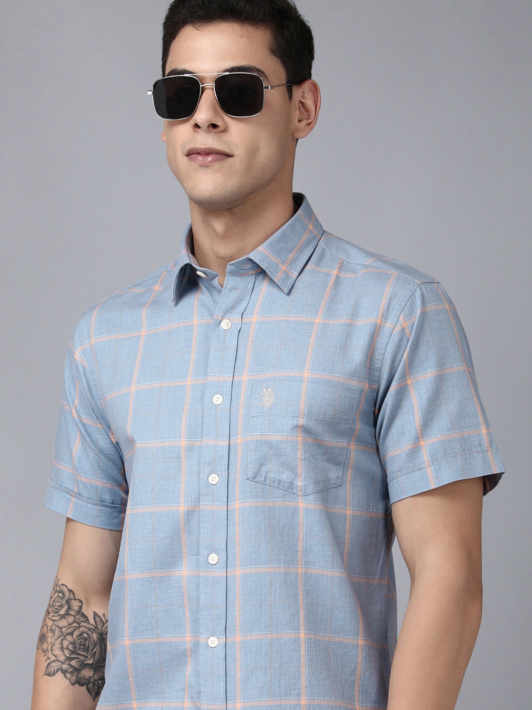 

U S Polo Assn Men Blue And Peach Tailored Fit Windowpane Checked Casual Shirt
