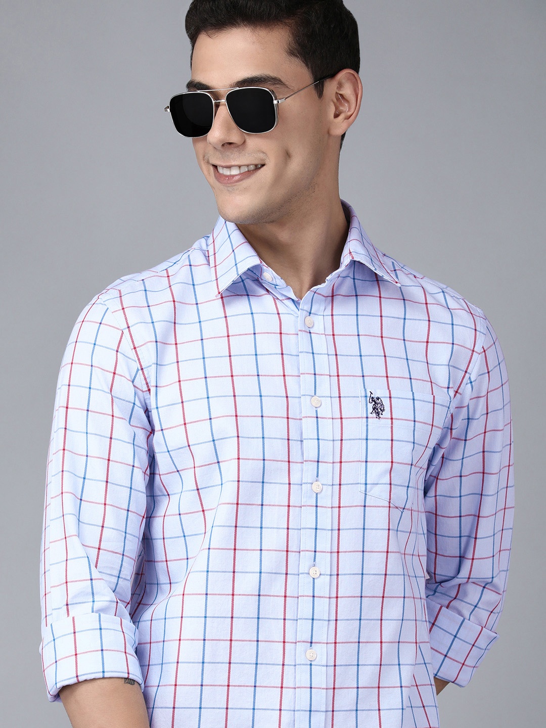 

U S Polo Assn Men Blue And Maroon Tailored Fit Windowpane Checked Casual Shirt