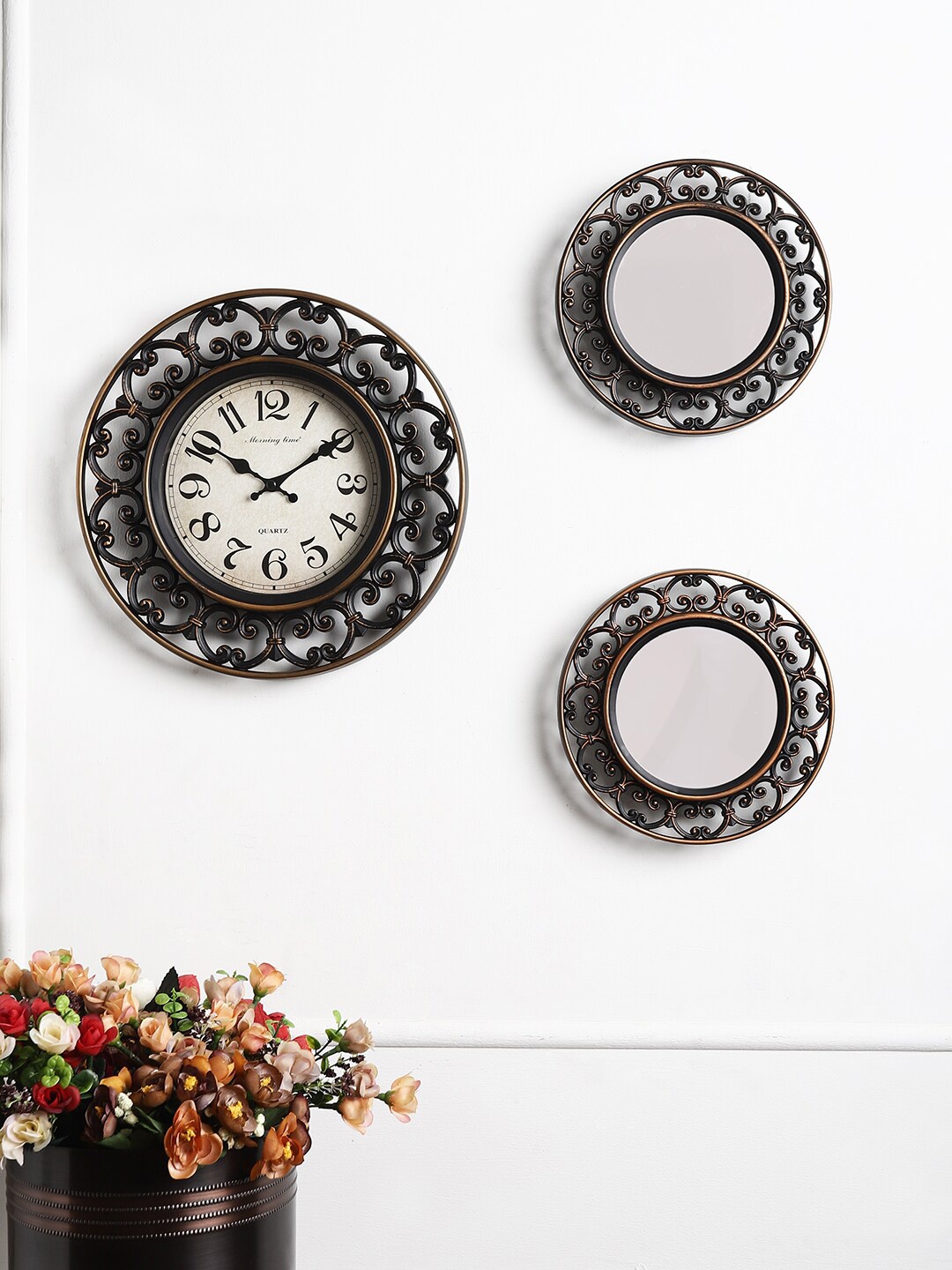 

EXIM DECOR Gold-Toned & Copper-Toned 3 in 1 Contemporary Wall Clock With Mirror