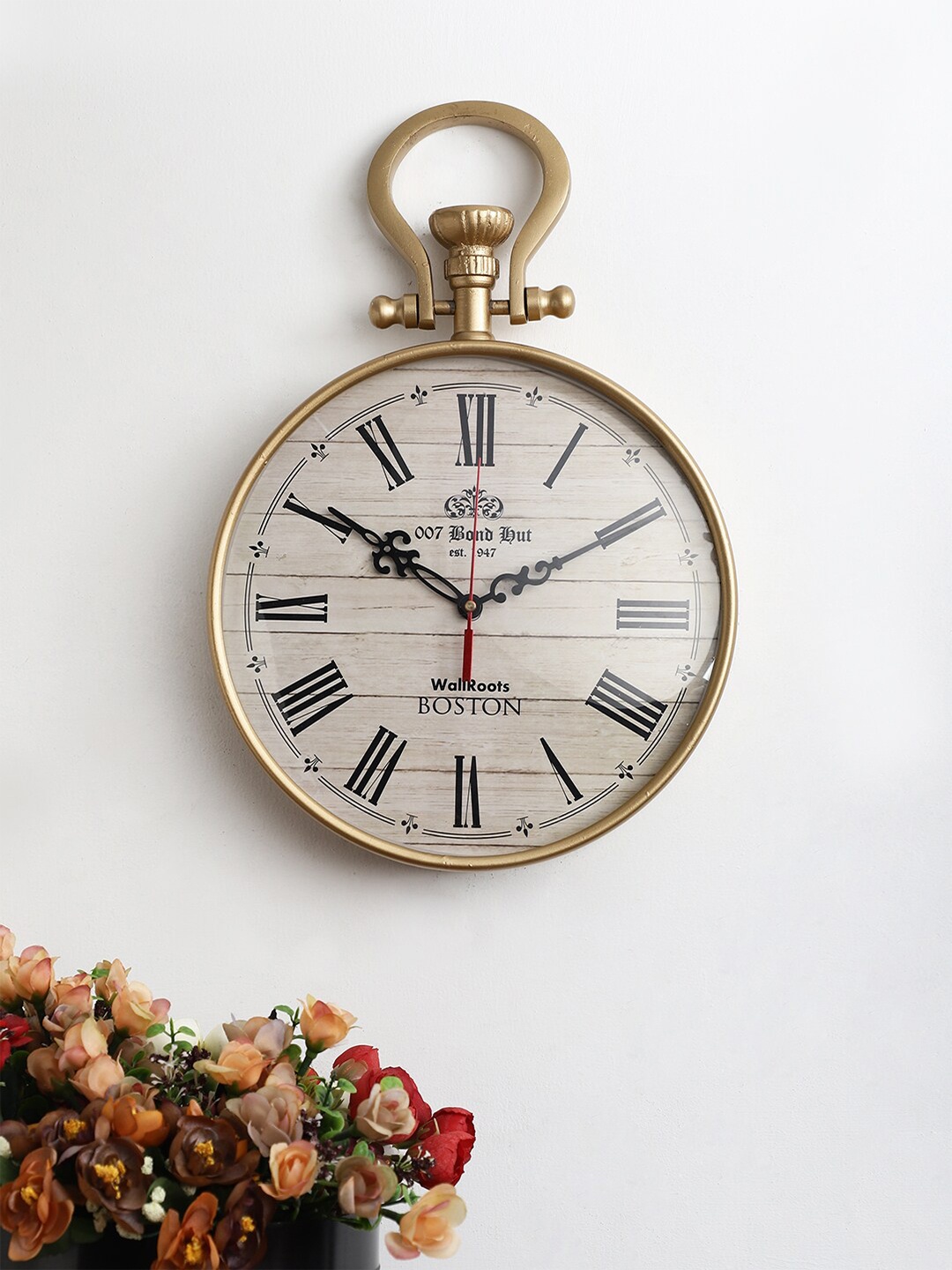

EXIM DECOR Gold-Toned & Beige Traditional Wall Roots Boston Wall Clock 36.83 cm