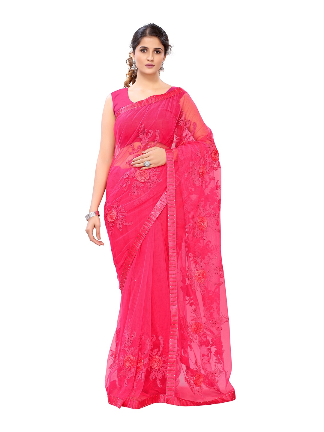 

Nimayaa Pink Floral Beads and Stones Net Saree