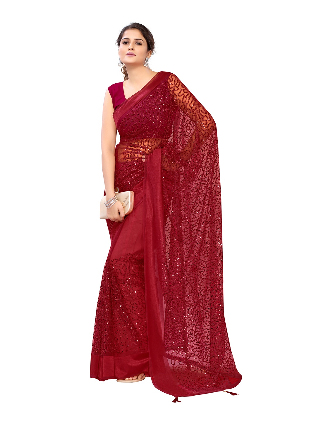 

Nimayaa Maroon Embellished Embroidered Net Saree