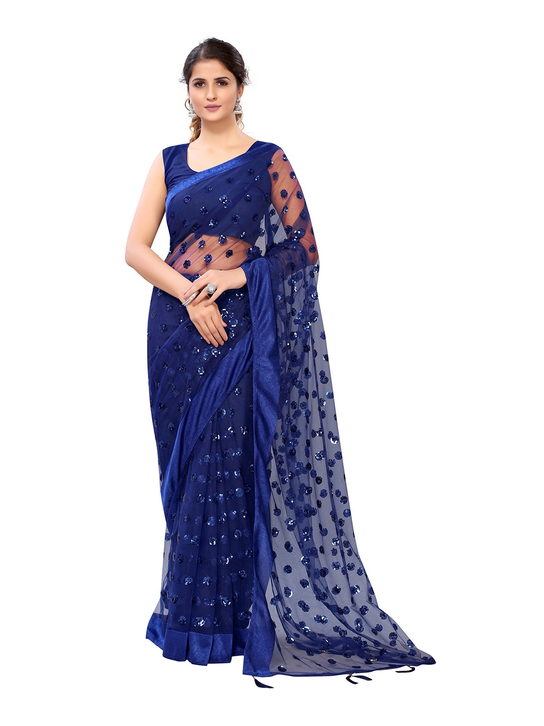 

Nimayaa Navy Blue Embellished Embroidered Net Saree