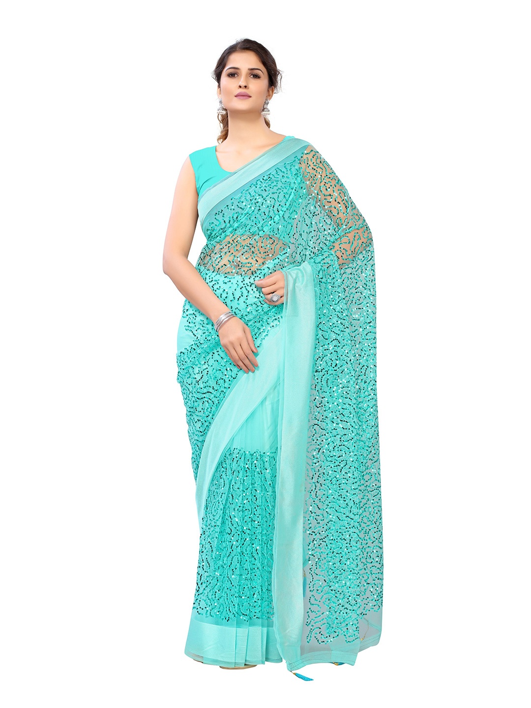 

Nimayaa Sea Green Embellished Sequinned Net Saree