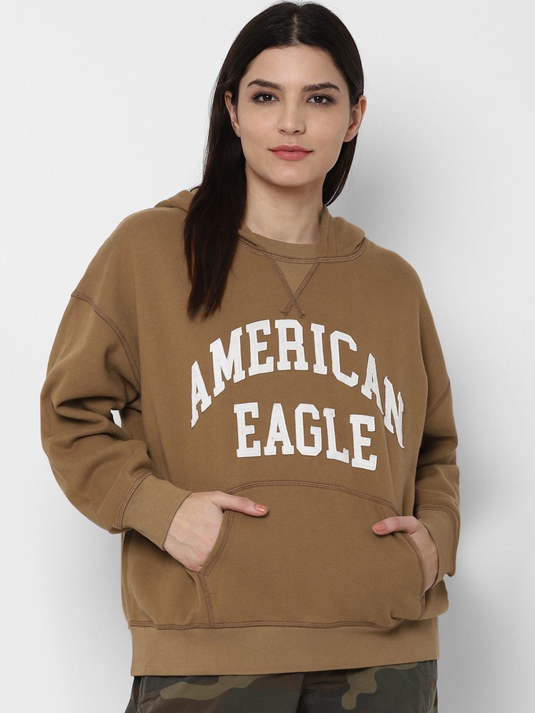

AMERICAN EAGLE OUTFITTERS Women Brown Printed Hooded Sweatshirt