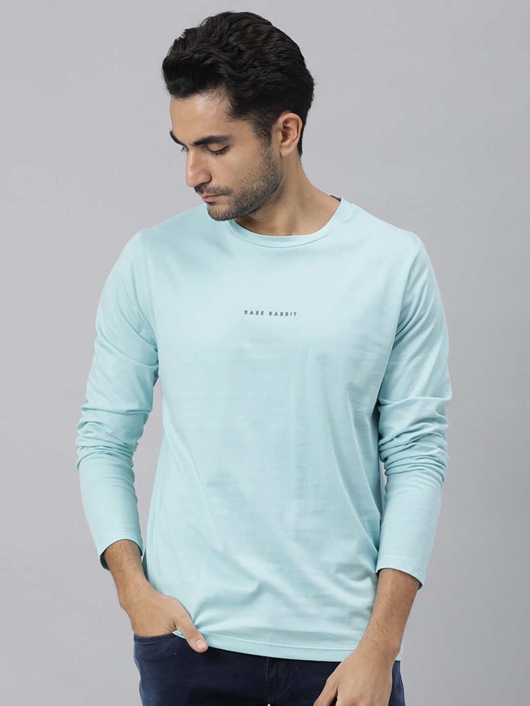 

RARE RABBIT Men Rabbit Ls Brand Logo Pure Cotton Slim Fit T-Shirt, Teal