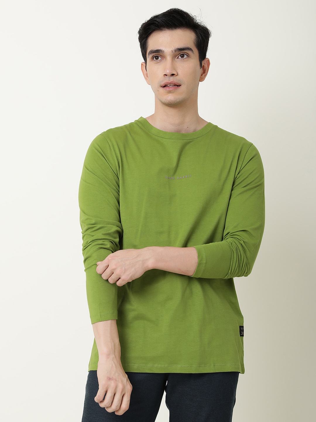 

RARE RABBIT Men Lime Green Pure Cotton Cut Outs Slim Fit T-shirt