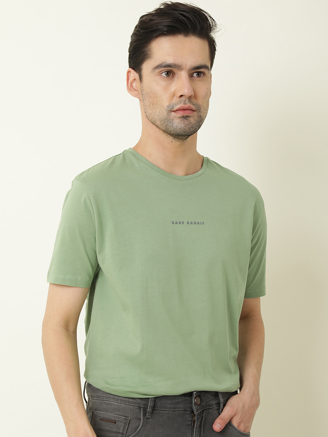 

RARE RABBIT Men Rabbit-4 Pure Cotton Slim Fit T-Shirt, Green