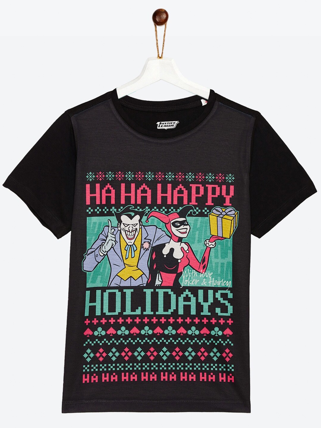 

YK Justice League Boys Black Printed Applique T-shirt