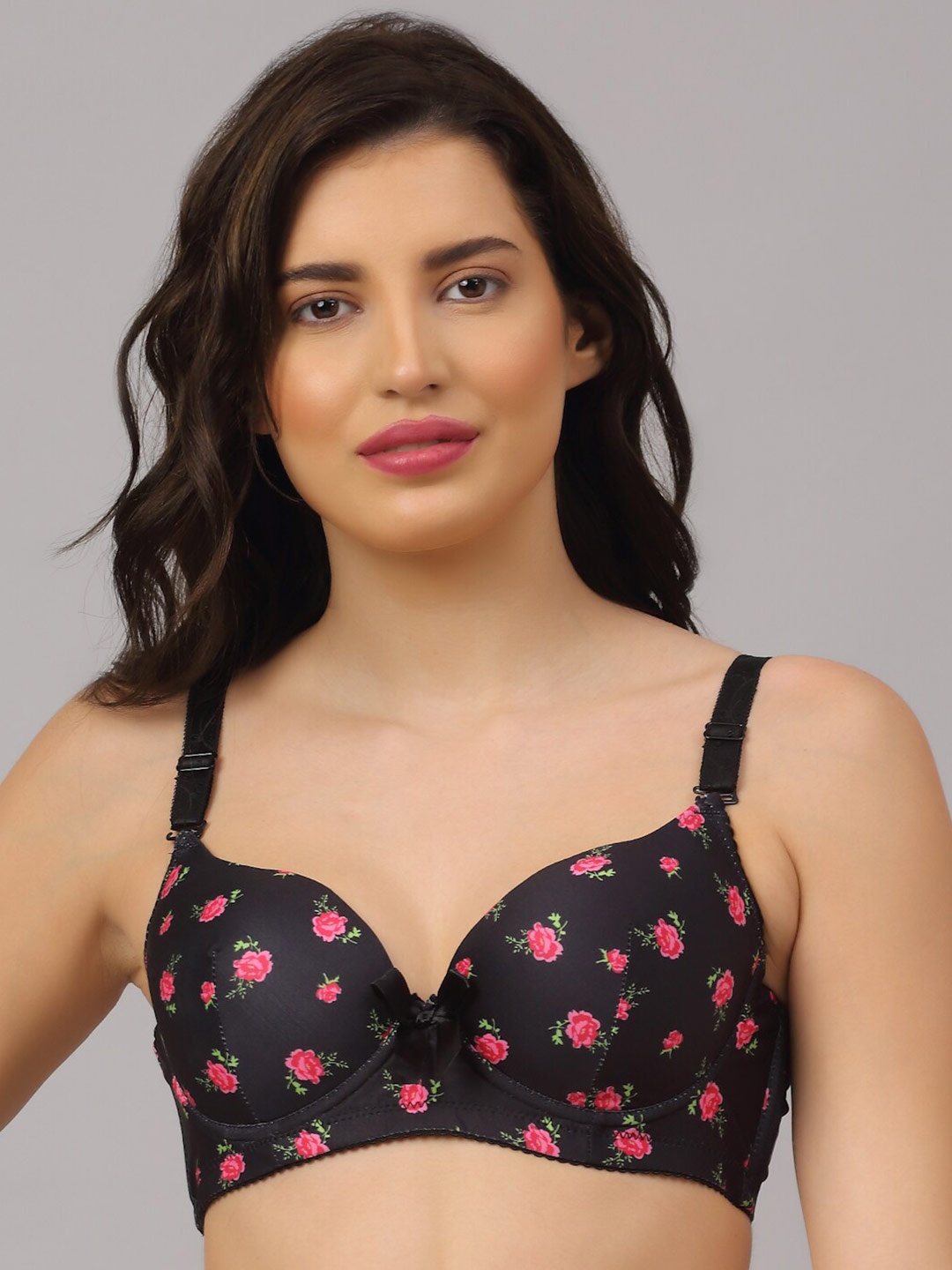 

PrettyCat Black & Fuchsia Floral Printed Underwired Lightly Padded Bra