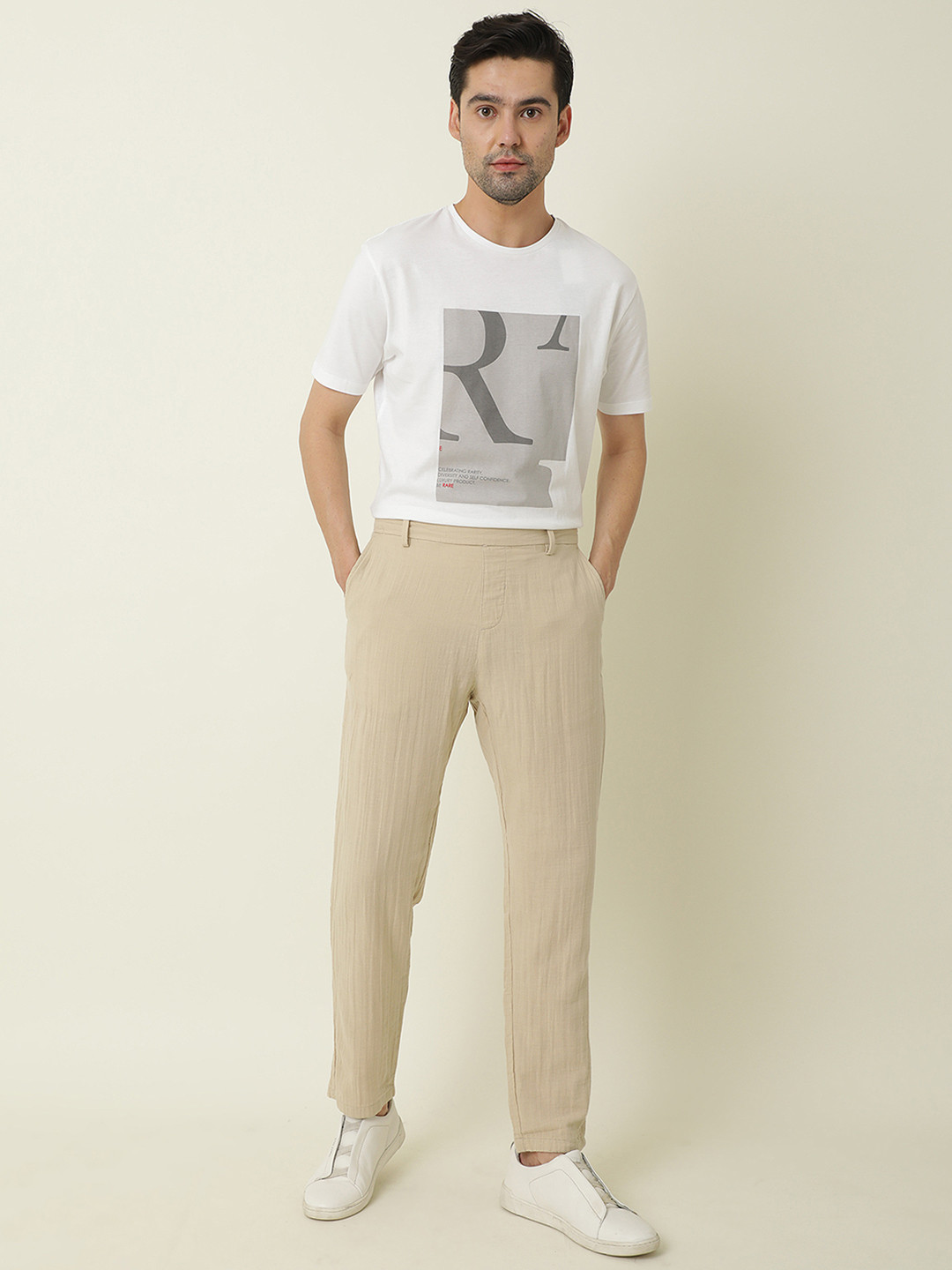 

RARE RABBIT Men Layred Mid-Rise Striped Slim Fit Cotton Trouser, Beige