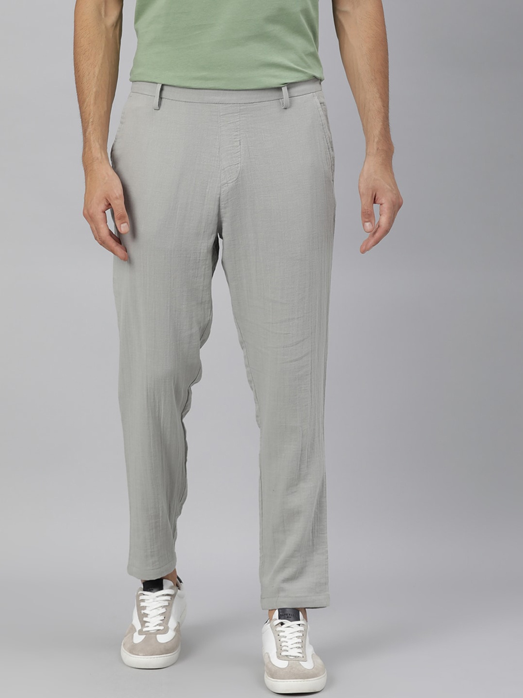 

RARE RABBIT Men Grey Solid Slim Fit Regular Cotton Trousers
