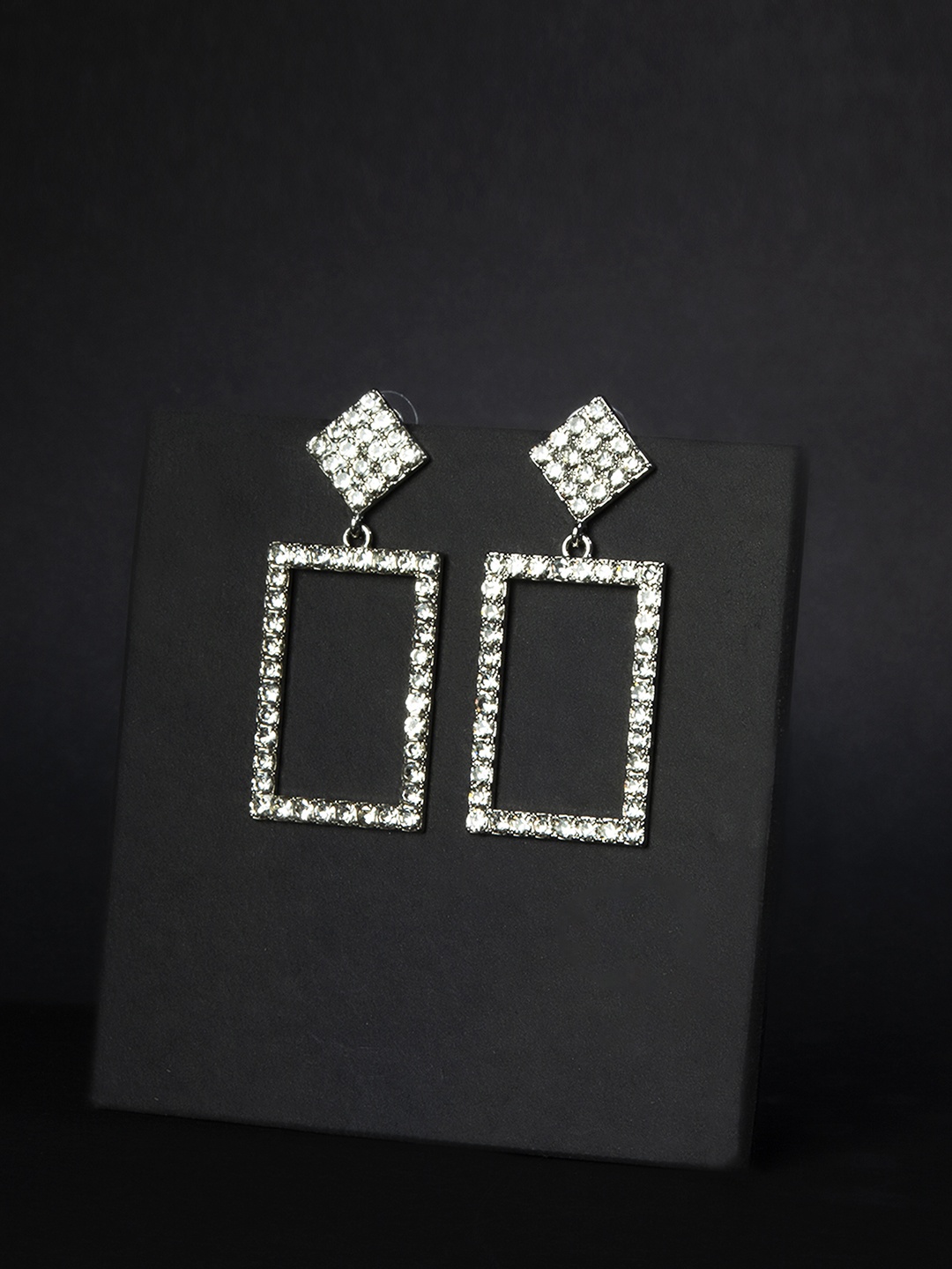 

Kazo Silver-Toned Square Stone Studded Drop Earrings