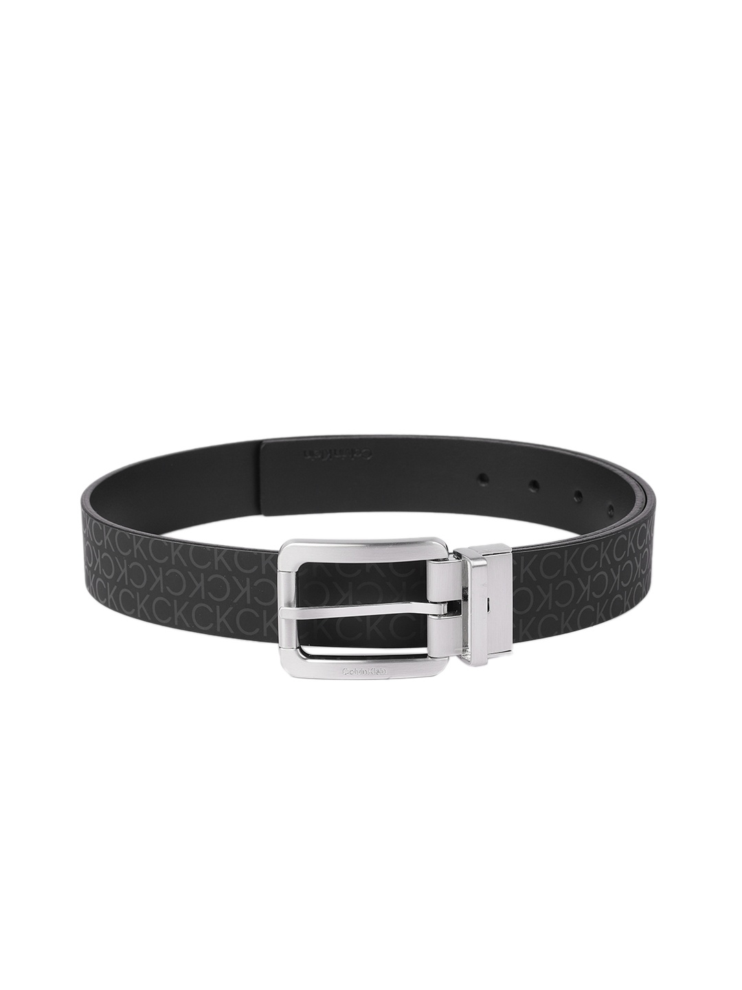 

Calvin Klein Men Black & Charcoal Grey Typography Printed Reversible Casual Belt
