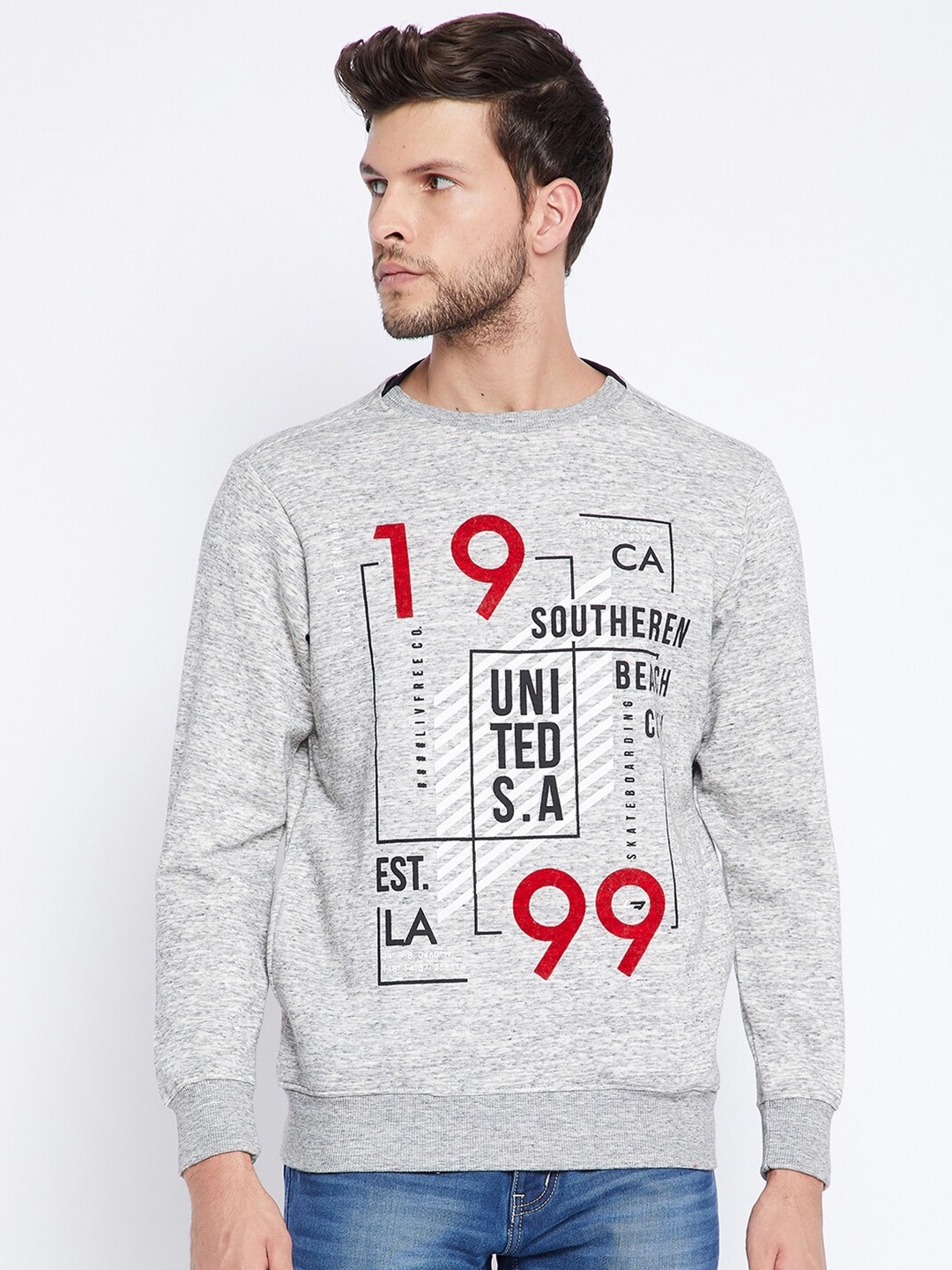 

NEVA Men Grey Melange Printed Cotton Sweatshirt