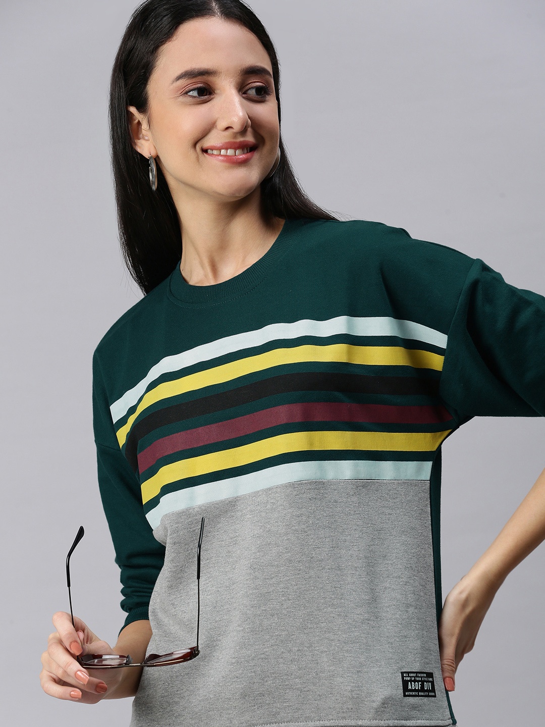 

abof Women Green & Grey Striped Sweatshirt