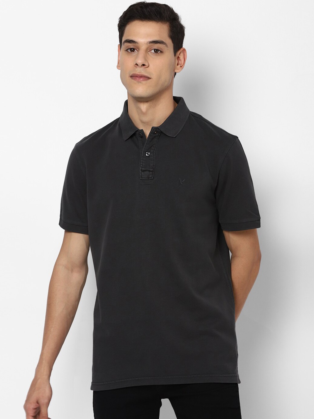 

AMERICAN EAGLE OUTFITTERS Men Grey Polo Collar Pure Cotton T-shirt