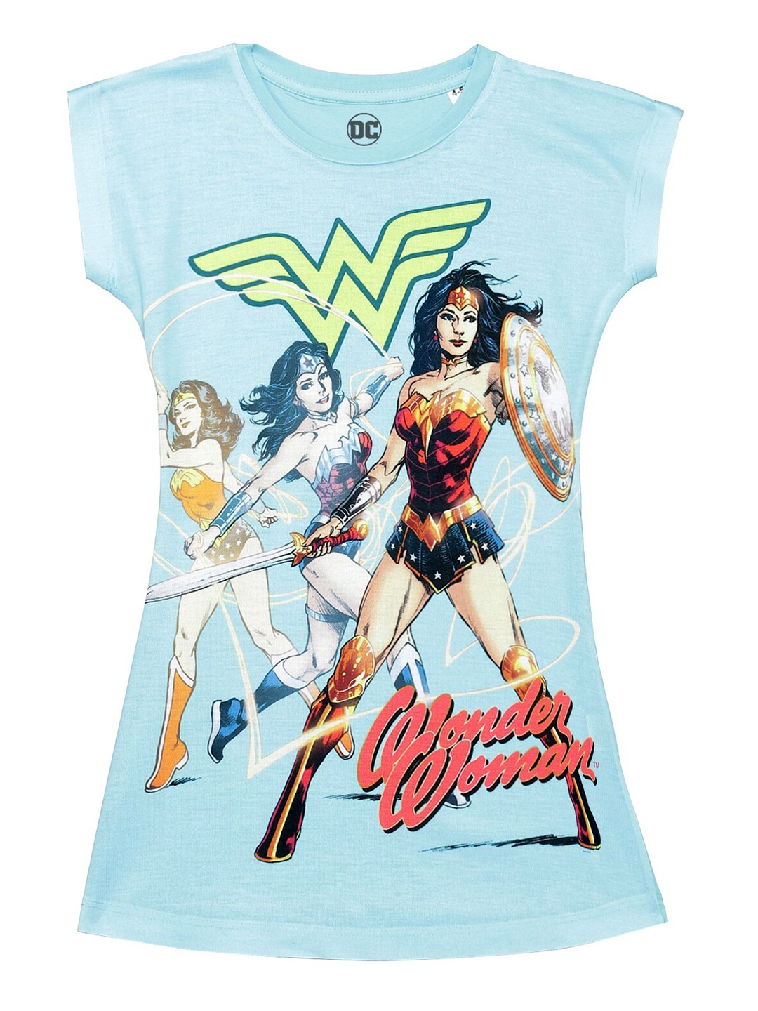 

DC by Wear Your Mind Girls Blue & White Wonder Woman Printed Round Neck T-shirt Dress