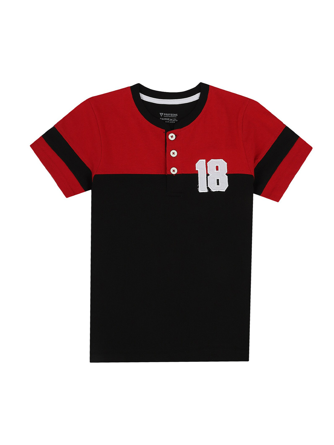 

PROTEENS Boys Black & Red Typography Colourblocked Henley Neck Cotton T-shirt