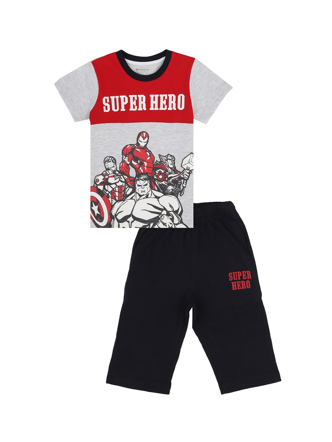 

PROTEENS Boys Grey & Black Avengers Printed Cotton Night Suit