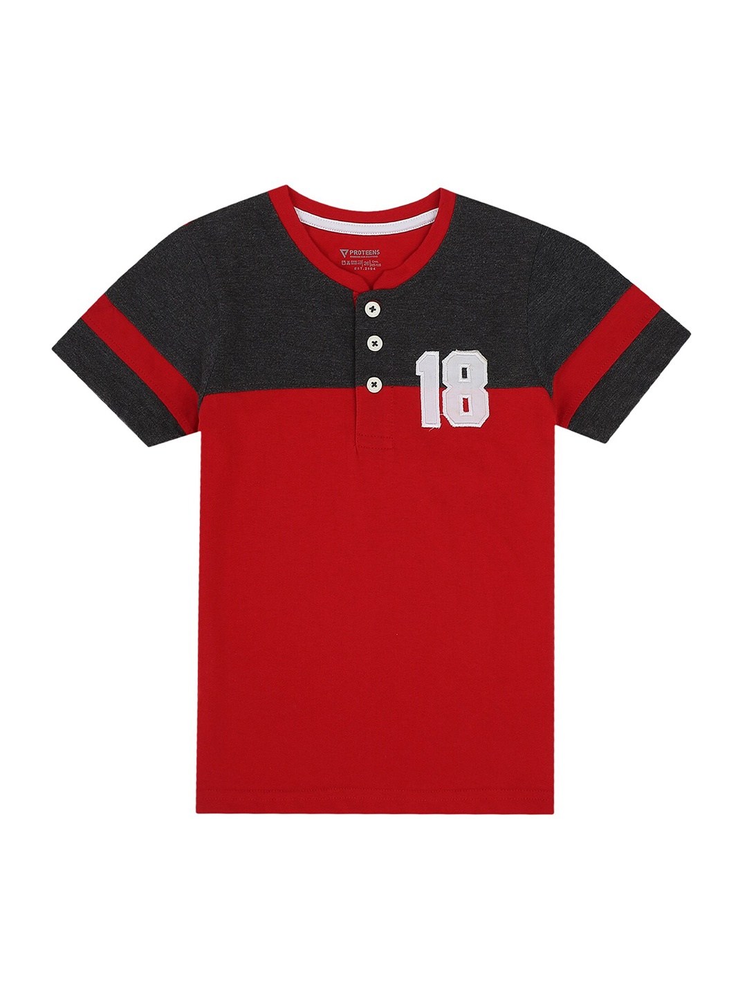 

PROTEENS Boys Red & Black Colourblocked Henley Neck Cotton T-shirt