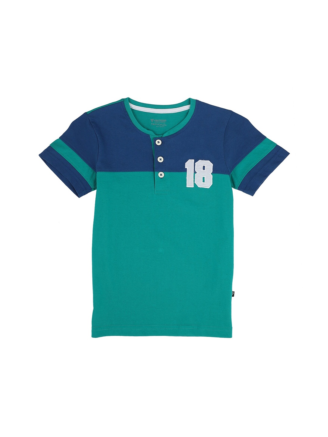 

PROTEENS Boys Blue & Green Colourblocked Henley Neck T-shirt