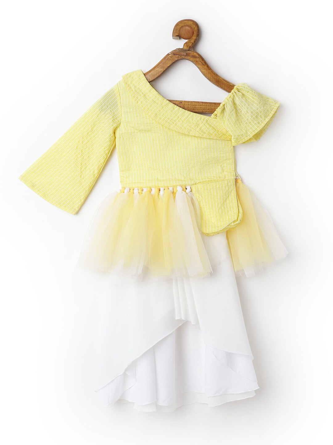 

TIC TAC TOE Girls Yellow One Shoulder Top & White Dhoti Skirt Set