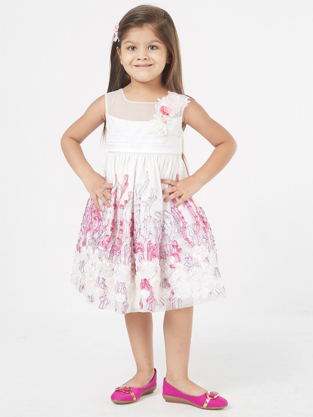 

TIC TAC TOE White & Pink Floral Embroidered Dress