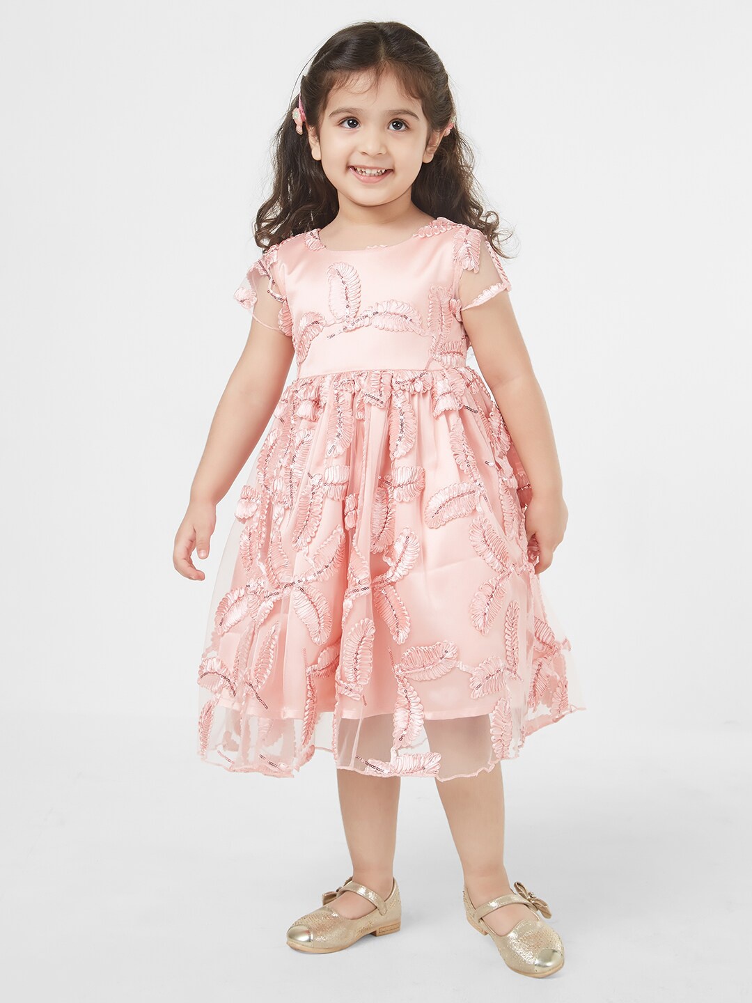 

TIC TAC TOE Girls Pink Feather Embroidered Midi Dress