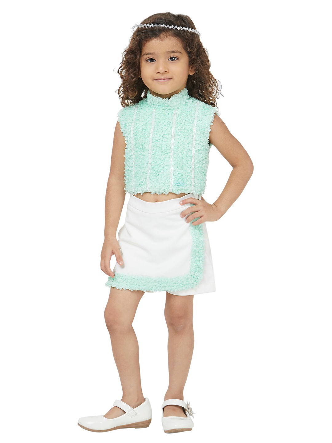 

TIC TAC TOE Girls Green & White Embellished Top with Skirt