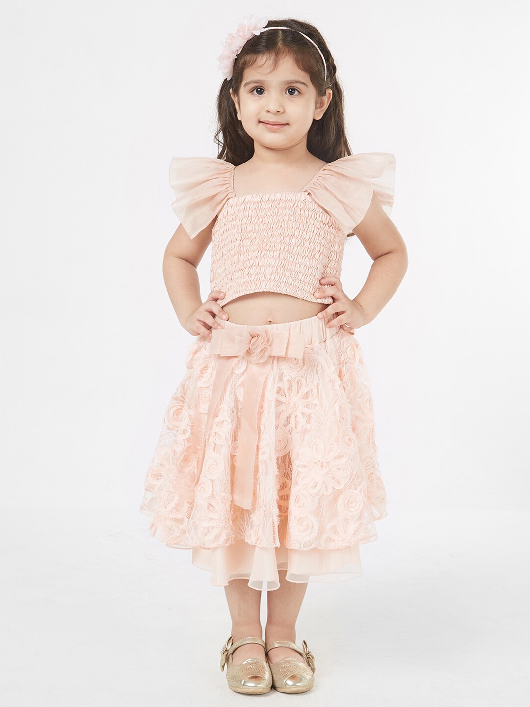 

TIC TAC TOE Girls Peach-Coloured Top with Skirt