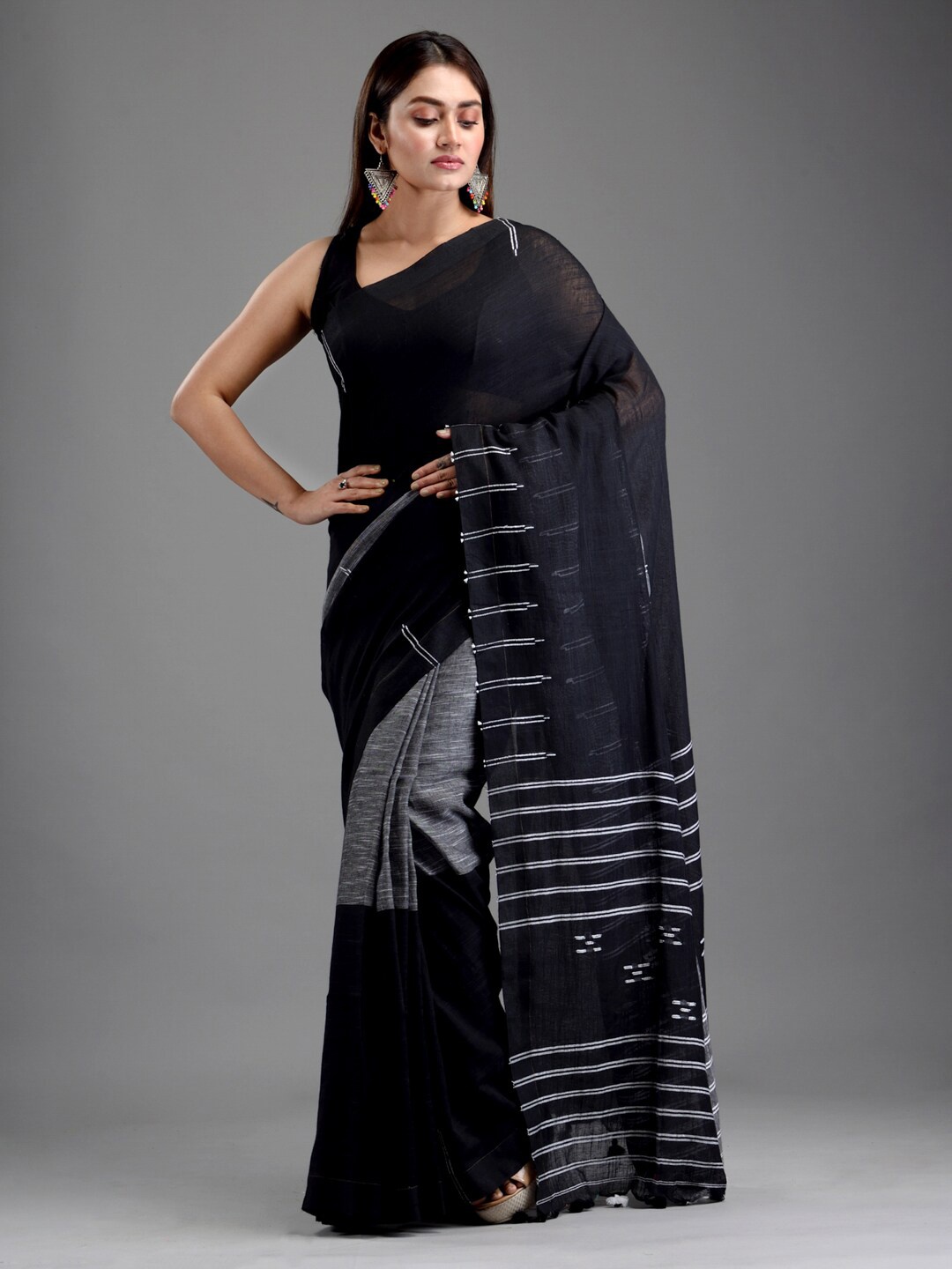 

Mitera Black & Grey Striped Zari Pure Cotton Saree